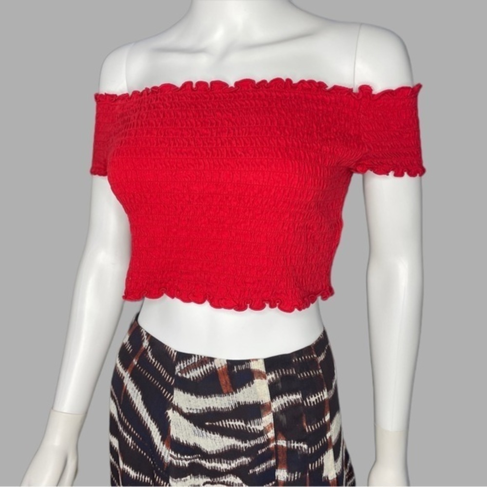 H&M Red‎ Off The Shoulder Smock Peasant Crop Top